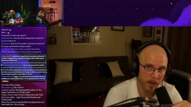 Two people streaming with chat overlay on screen.