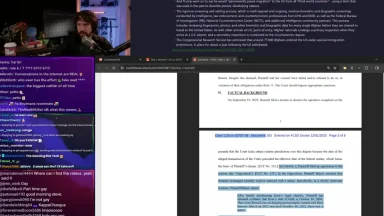Streamer reviewing legal documents during live broadcast