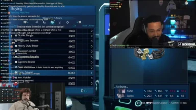 Gaming livestream with shop menu and streamer webcam