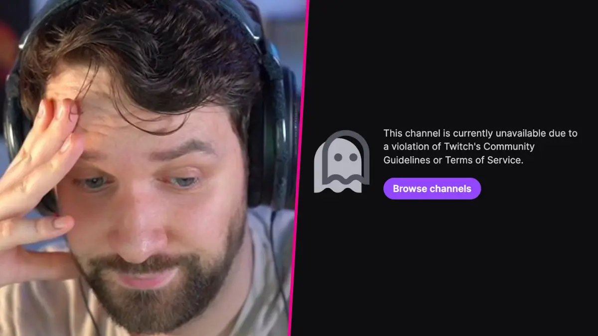 Man wearing headphones beside Twitch channel suspension notice