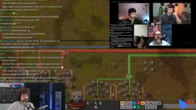 Factorio gameplay stream with chat, webcams, and debate overlay