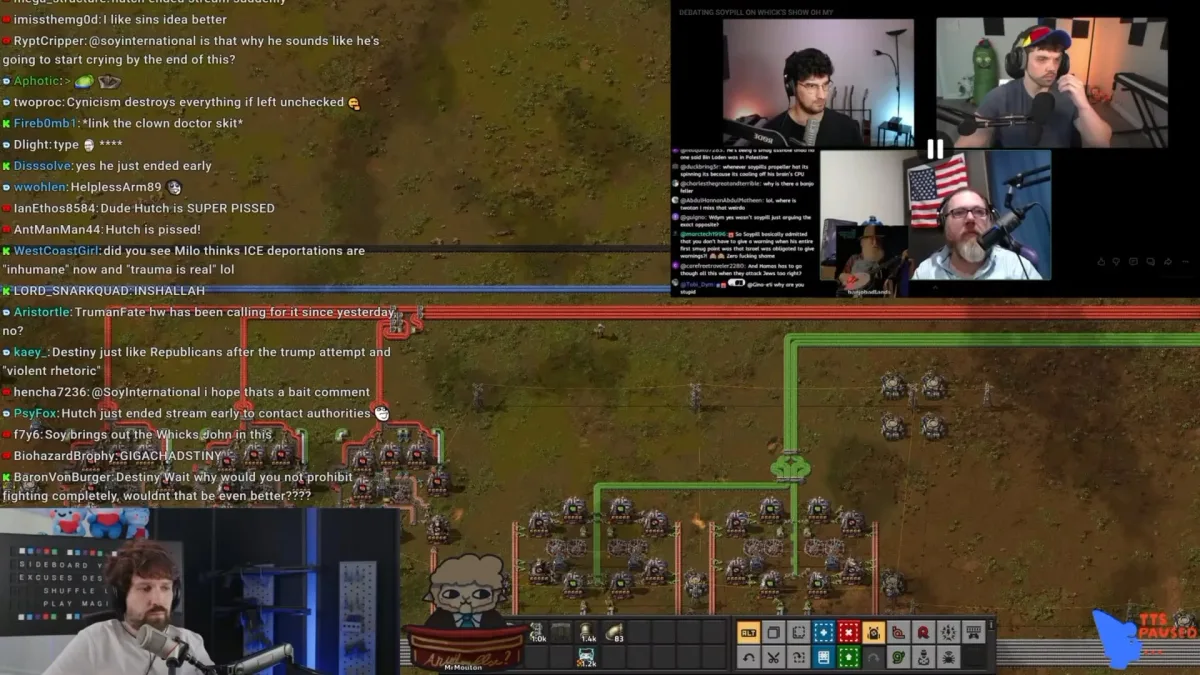 Factorio gameplay stream with chat, webcams, and debate overlay