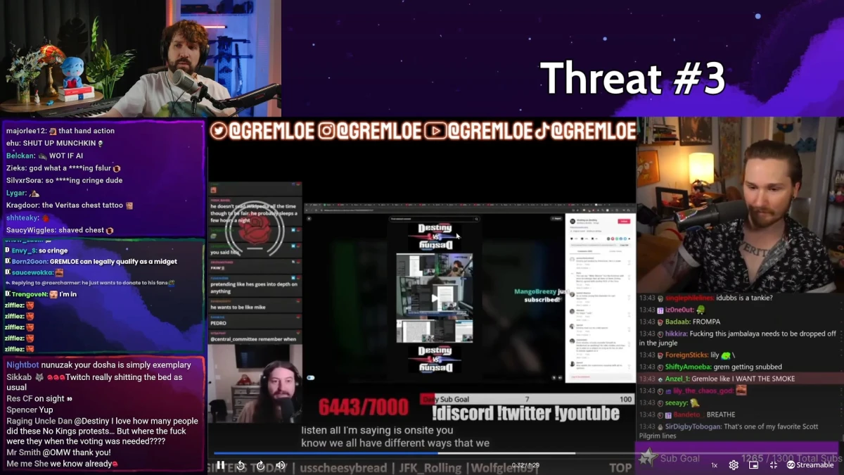 Two streamers discussing content with chat messages visible