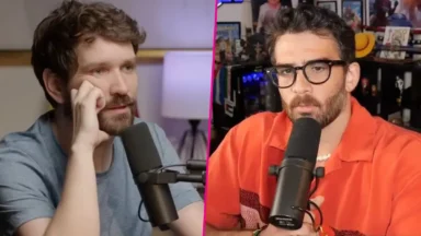 Two men speaking into microphones in split-screen podcast