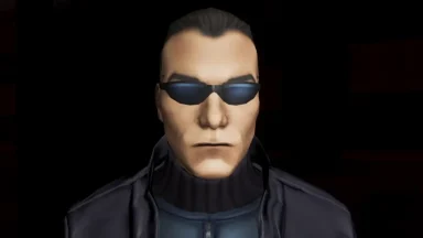 Video game character wearing sunglasses and dark clothing