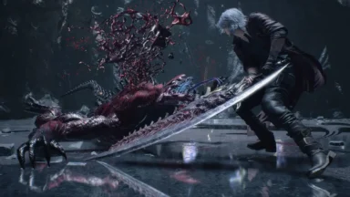 White-haired warrior battles demonic reptile with massive sword
