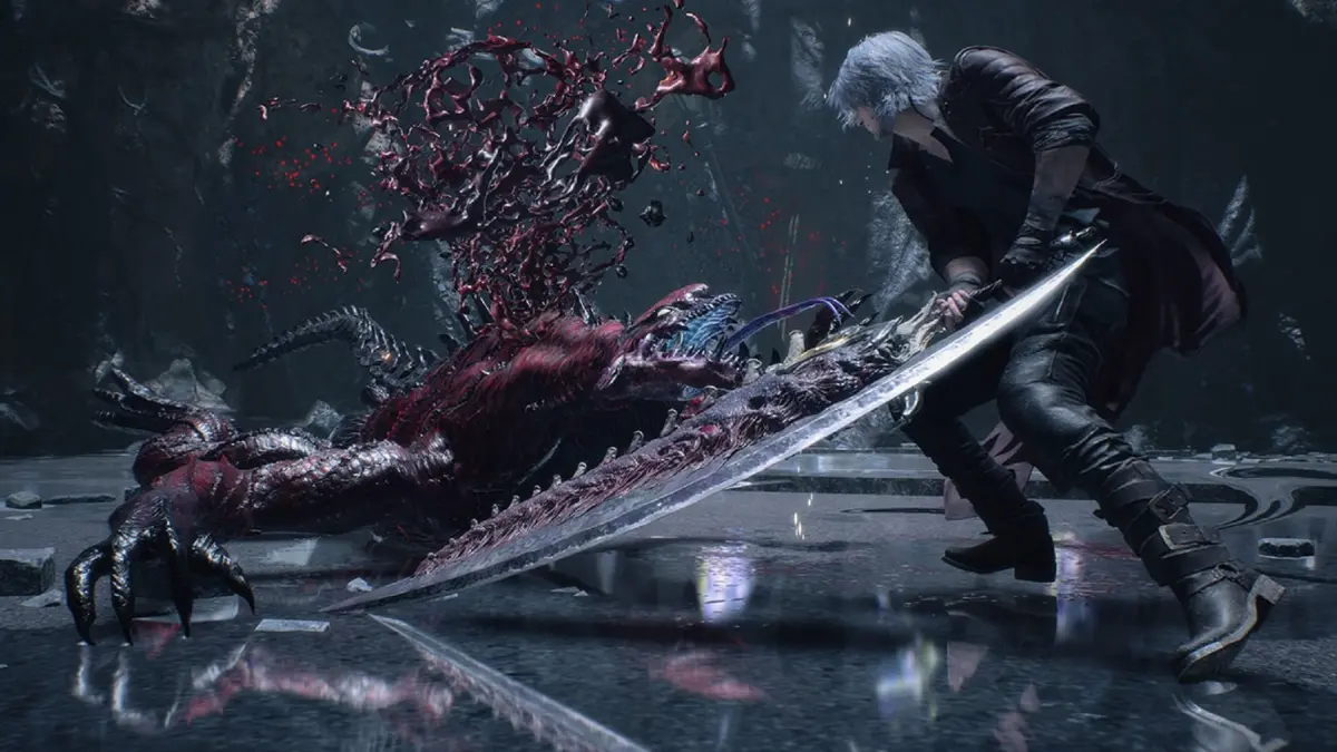 White-haired warrior battles demonic reptile with massive sword