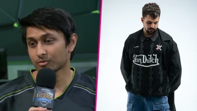 Two men in casual clothing, one talking, one posing.