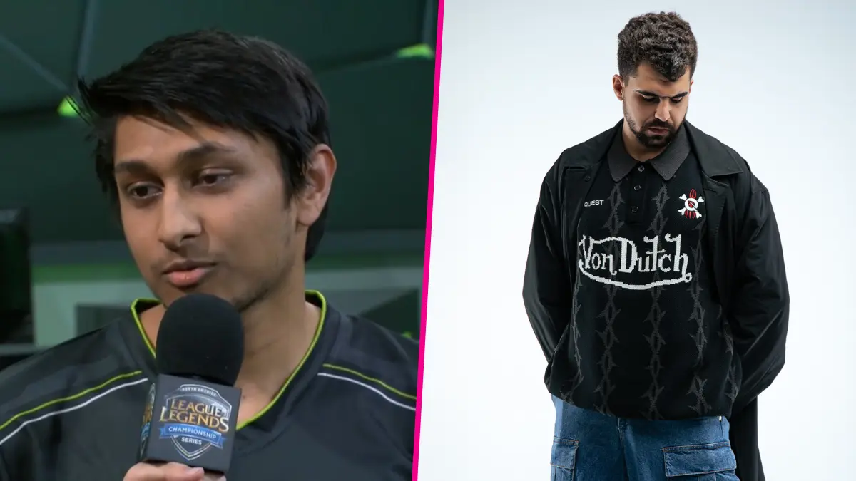 Two men in casual clothing, one talking, one posing.