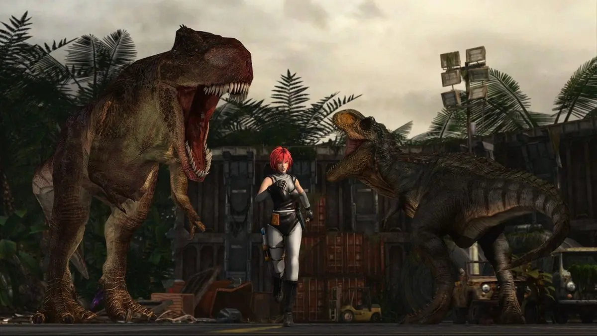 Red-haired warrior between two roaring dinosaurs