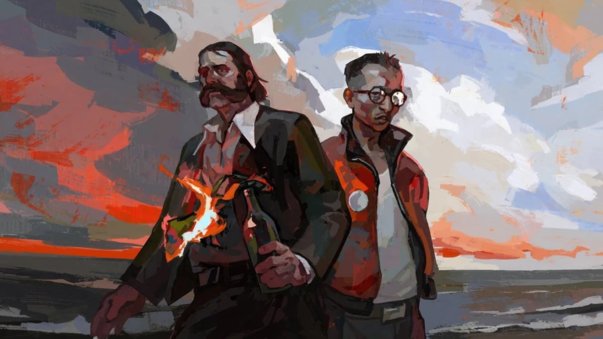 Two men with Molotov cocktail at sunset beach