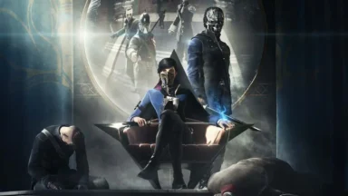 Masked woman seated on throne beside armored masked figure