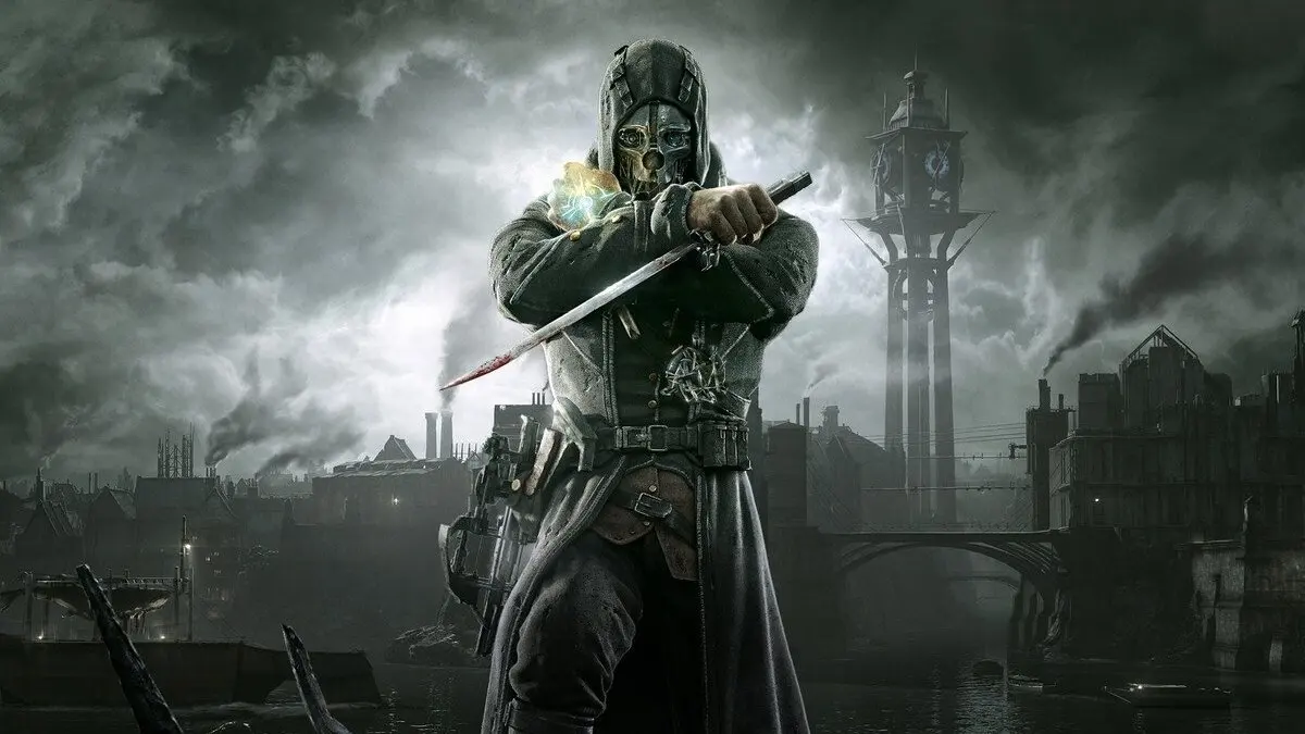 Masked assassin holding sword in a stormy industrial city