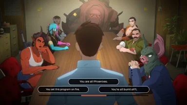 Animated characters in a tense conference meeting scene
