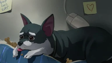 Sad cartoon dog lying beside computer mouse