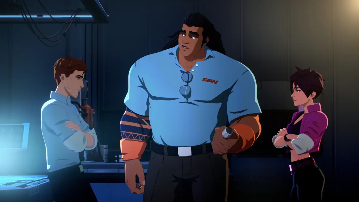 Three animated characters talking in a laboratory.