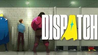 Animated superheroes in restroom with Dispatch logo.