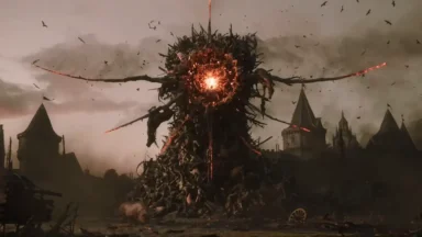 Dark monstrous creature with glowing center attacking castle