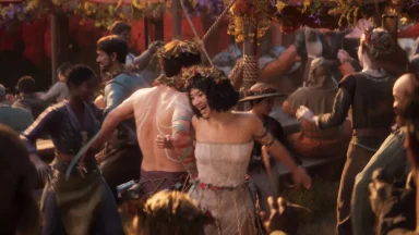 Animated villagers joyfully dancing at a festival.