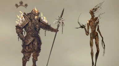 Fantasy armored warrior facing skeletal creature