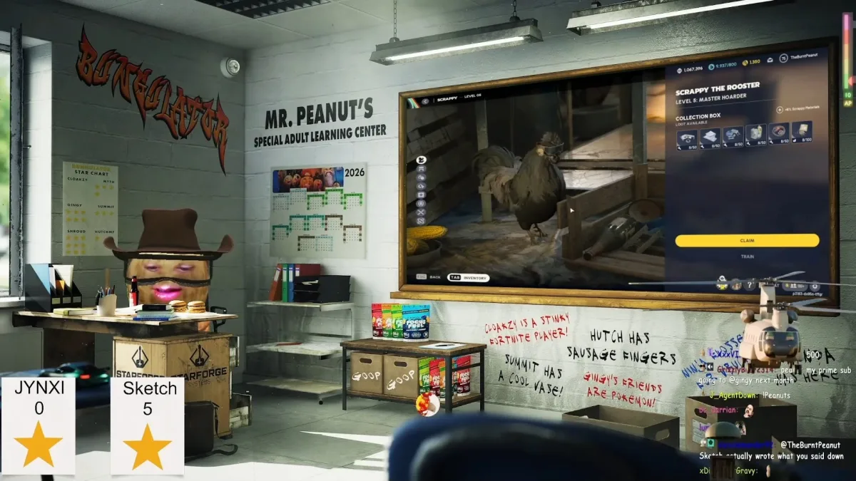 Mr. Peanut gaming classroom with rooster on screen