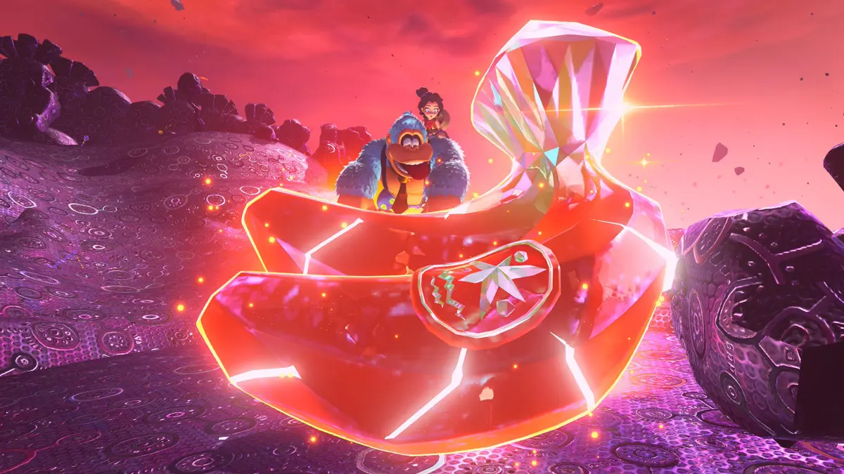 donkey kong bananza banana Colorful characters on abstract landscape, vibrant scene
