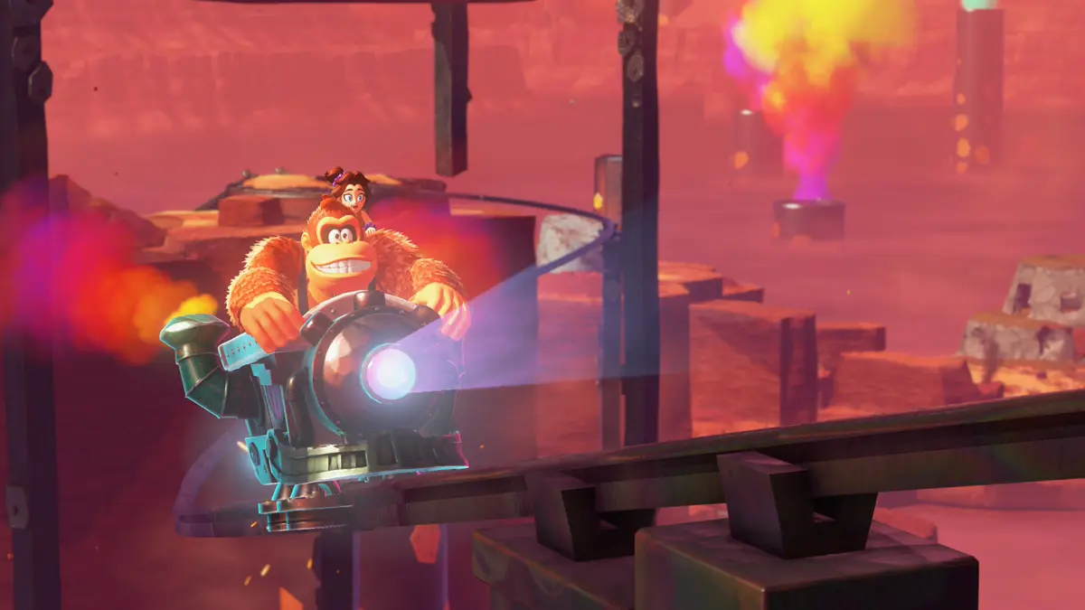 donkey kong bananza coop Cartoon characters riding a rocket in colorful scene.