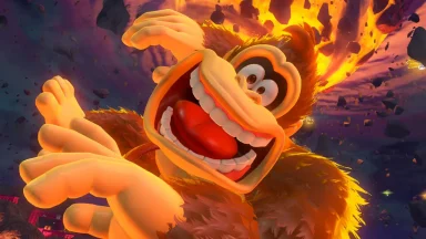 Excited cartoon gorilla with fiery background