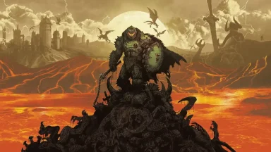 Armored warrior stands on monster pile in fiery landscape.