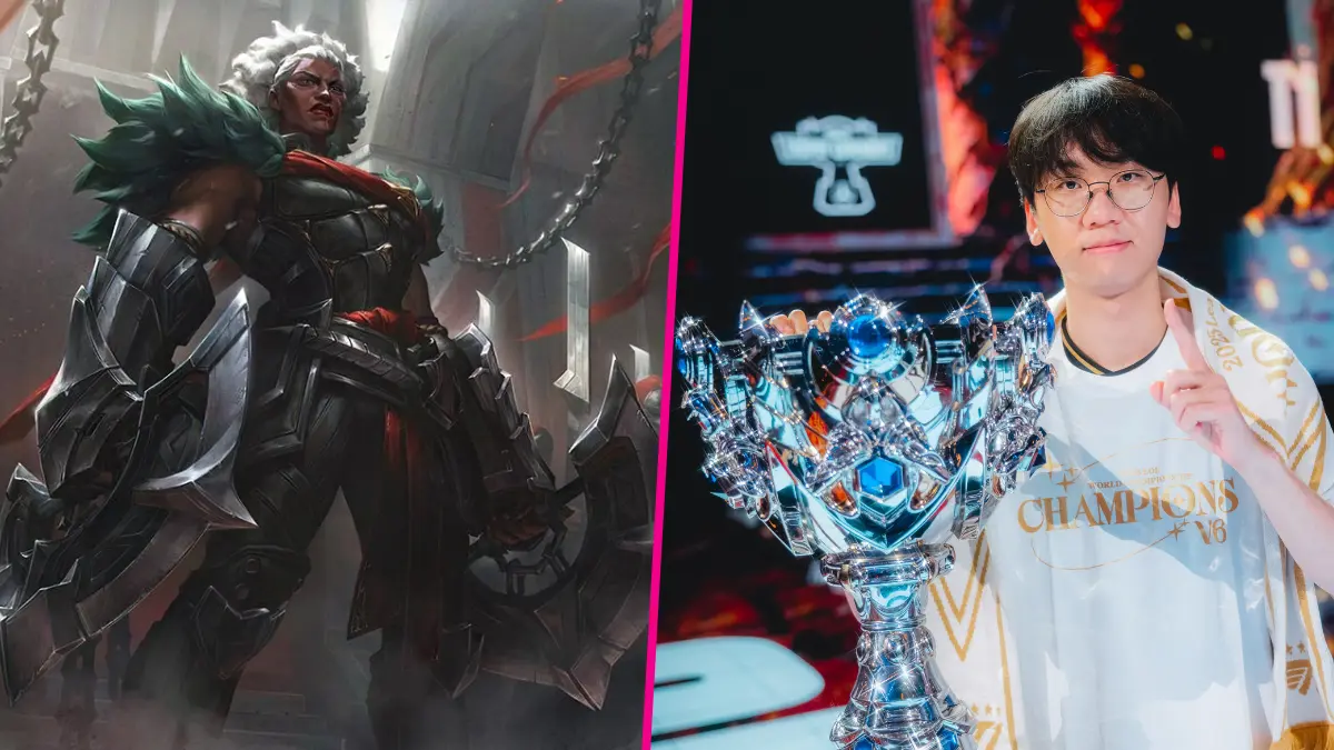 League of Legends champion and player with trophy