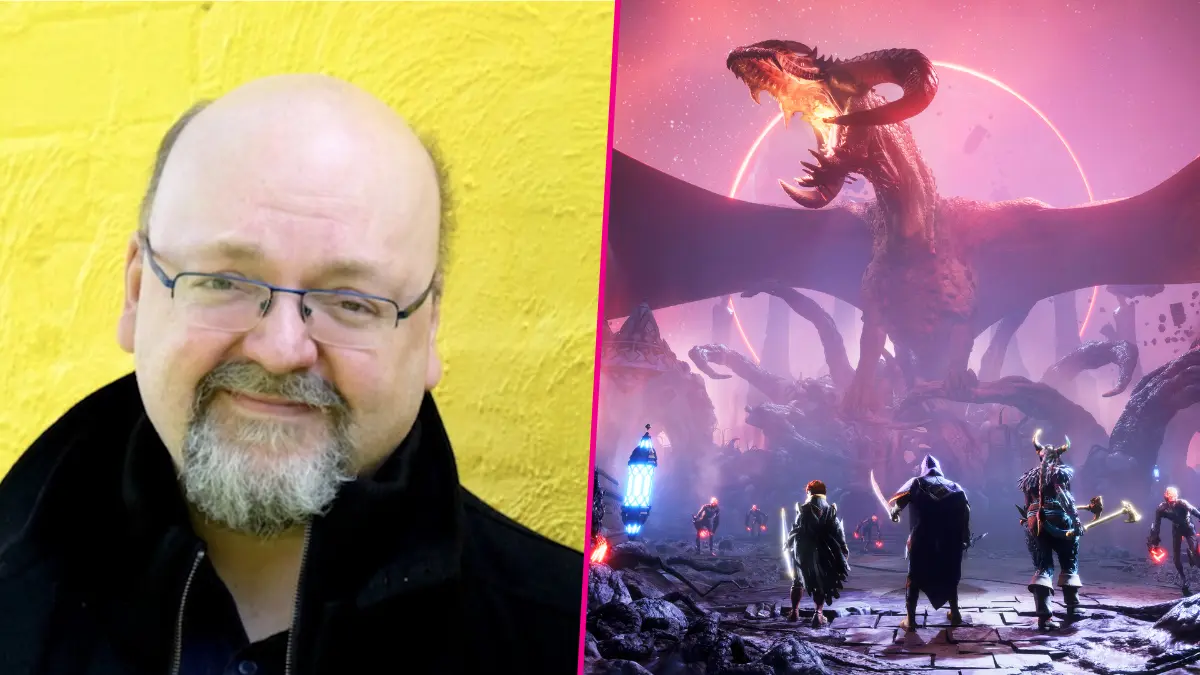 Portrait of man beside fantasy dragon scene