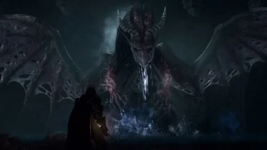 Giant dragon confronting cloaked warrior in dark cavern