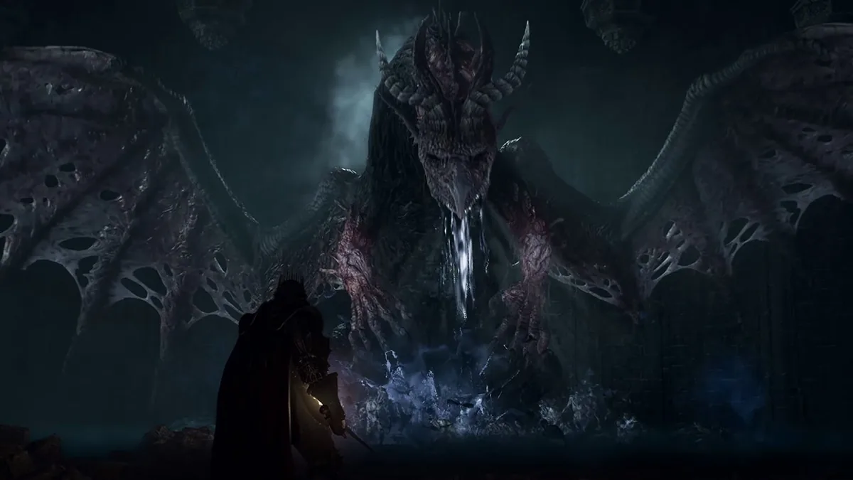 Giant dragon confronting cloaked warrior in dark cavern