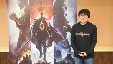 Person standing beside a fantasy game poster.