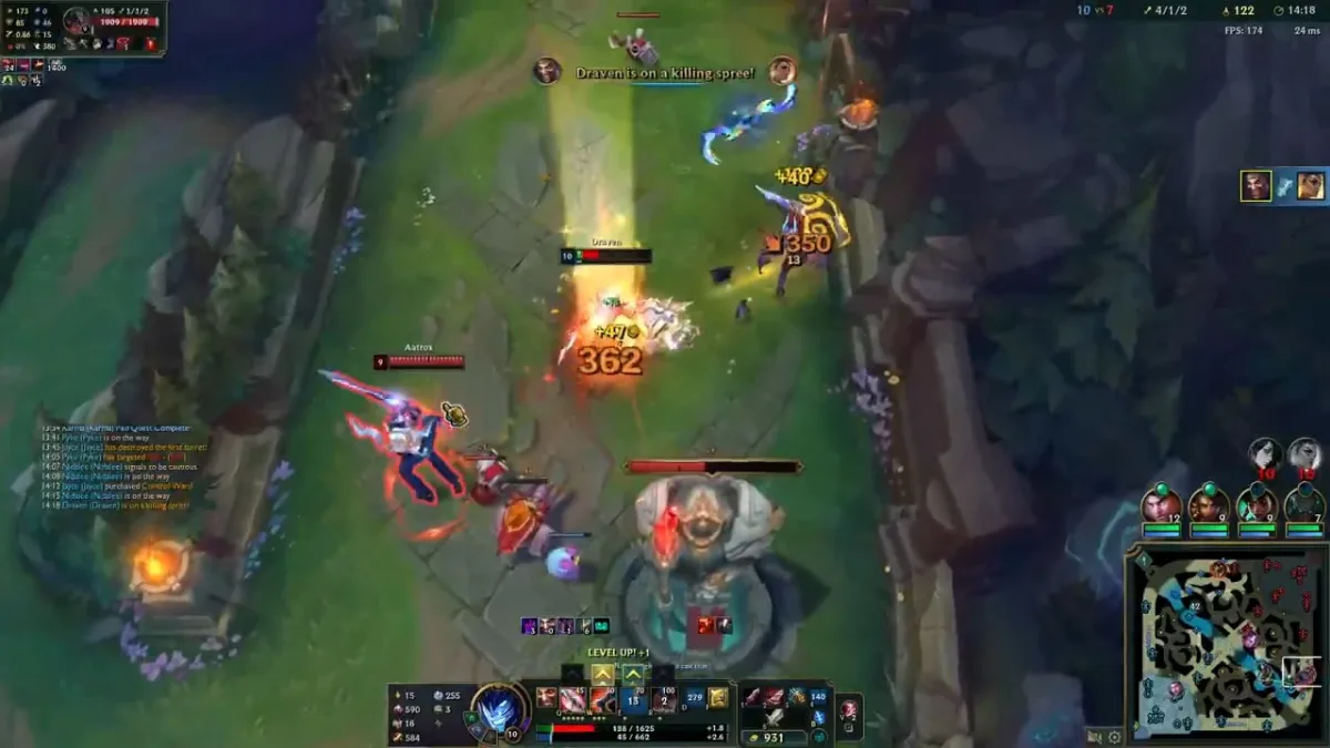 League of Legends gameplay showing intense turret dive fight
