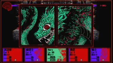 Glitch-art monster selection screen with dragon and hero cards