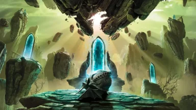 Floating rock portals with glowing blue centers