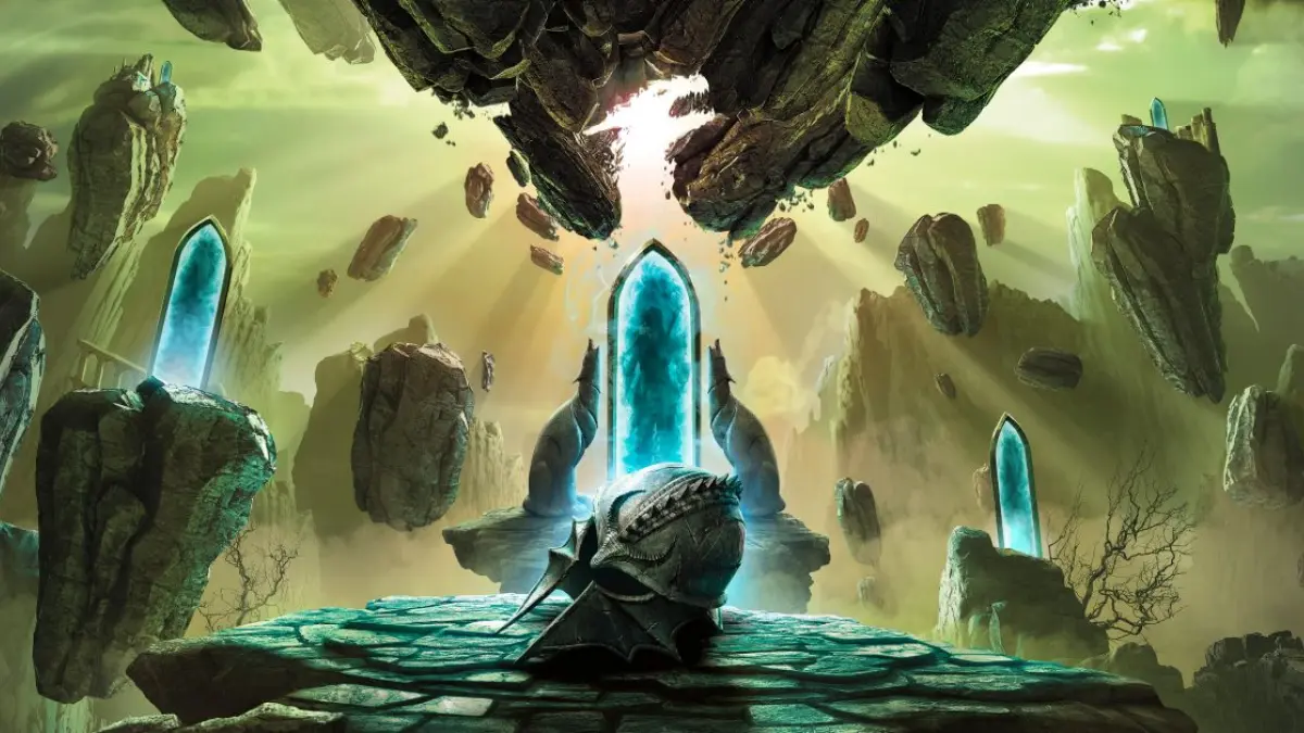 Floating rock portals with glowing blue centers