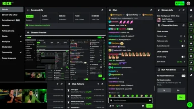Kick streaming dashboard with chat and analytics panels