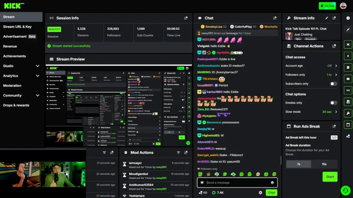 Kick streaming dashboard with chat and analytics panels
