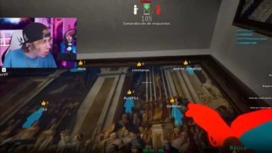 Streamer playing quiz game over classical painting