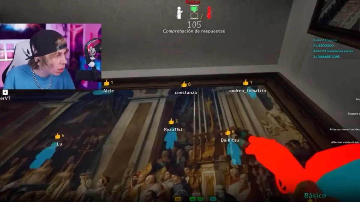 Streamer playing quiz game over classical painting