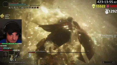 Streamer plays intense boss fight in video game.