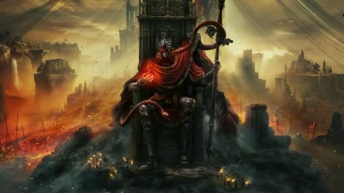 Dark lord on throne in fiery, ruined landscape.