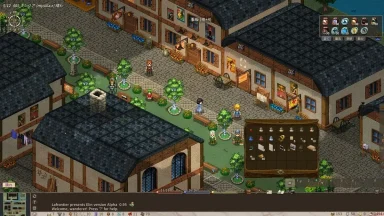 Pixel RPG town scene with characters and inventory menu