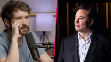 Two men in conversation with microphones