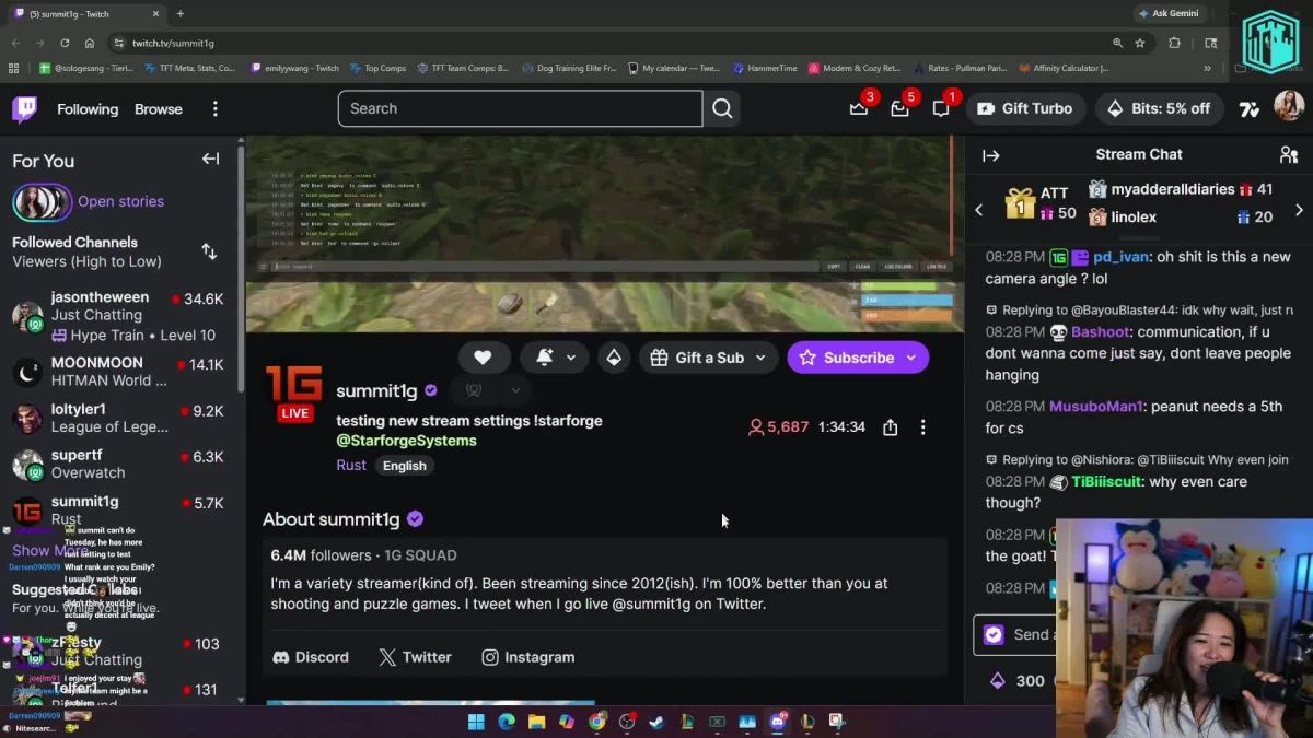 Twitch livestream page showing summit1g streaming Rust