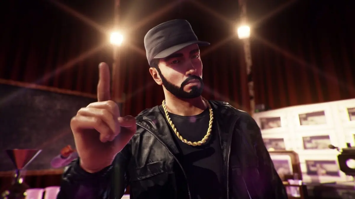 Animated rapper wearing black jacket and gold chain
