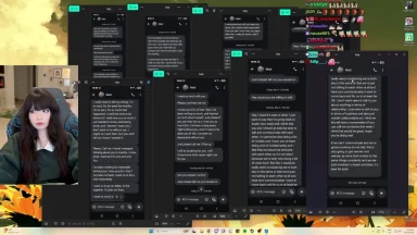 Woman streaming with multiple chat screenshots on screen