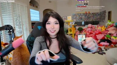 Streamer smiles while holding a cable beside her cat